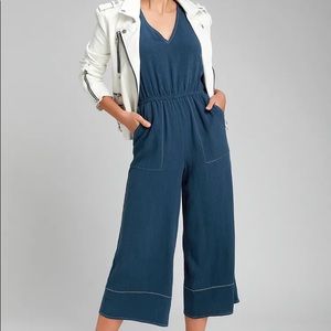Lulu's Blue V-Neck Wide-Leg Jumpsuit